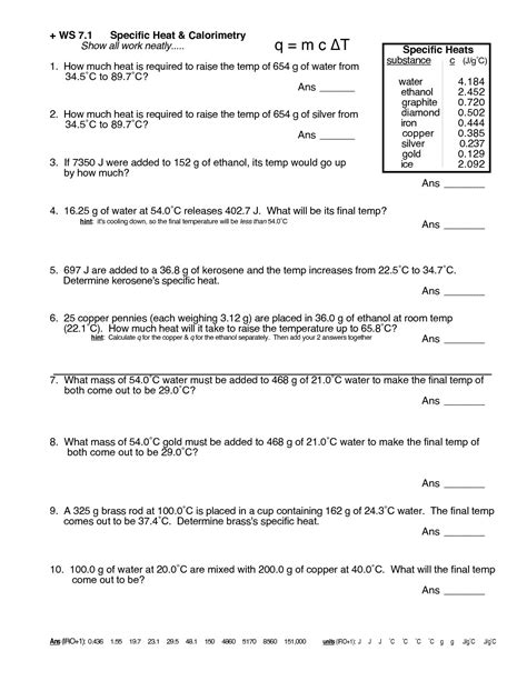 specific heat calculations worksheet answers